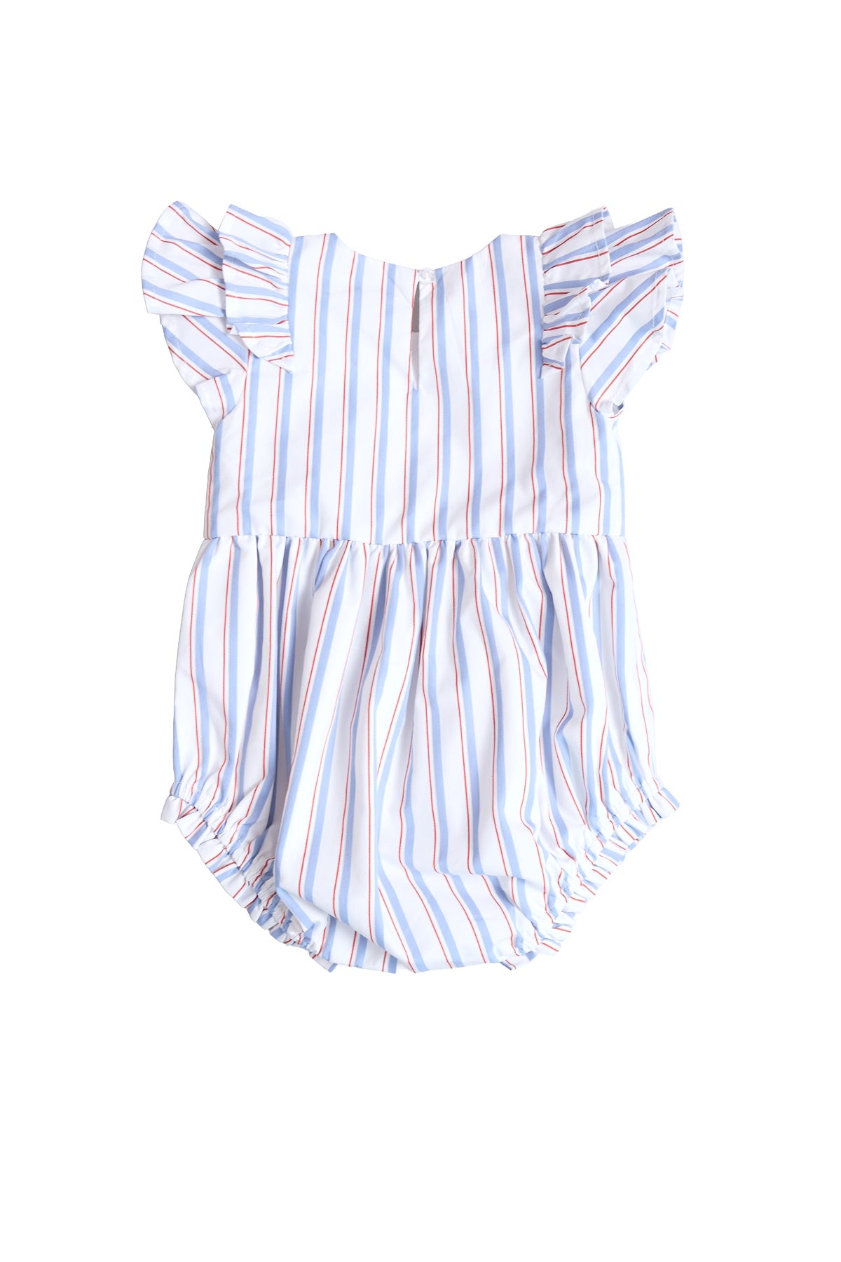 The Ivy City Co Baby Hattie Romper in Heritage Stripe features short ruffled sleeves, vertical blue, red, and white stripes, a gathered waist, and elastic leg openings—perfect for your baby’s Fourth of July outfit. White background.