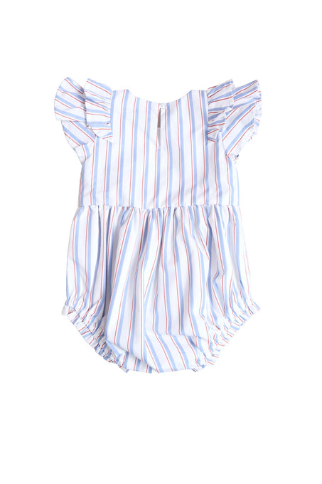 The Ivy City Co Baby Hattie Romper in Heritage Stripe features short ruffled sleeves, vertical blue, red, and white stripes, a gathered waist, and elastic leg openings—perfect for your baby’s Fourth of July outfit. White background.