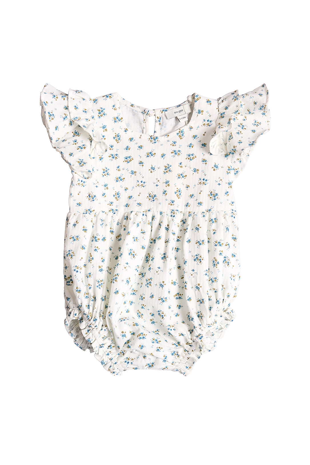 The Ivy City Co Baby Hattie Romper in Madeline Blue features soft white cotton, short ruffled sleeves, a delicate blue floral print, gathered waist and legs, and an easy back button closure—perfect for special occasions.