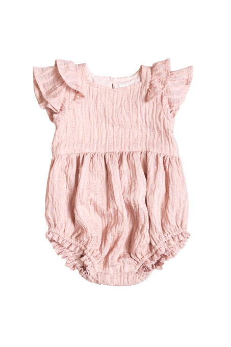The Baby Hattie Romper in Pink Stripes by Ivy City Co features short ruffled sleeves, textured fabric, a gathered waist, and elastic leg openings—perfect for Mom and Me matching moments. Shown laid flat on a white background.