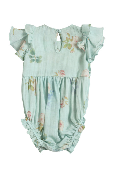 The Baby Hattie Romper in Roselyn Blue by Ivy City Co features a light blue cotton-linen blend, floral print, ruffled short sleeves, gathered leg openings with subtle ruffles, and a buttoned keyhole back—perfect for mommy and me outfits.