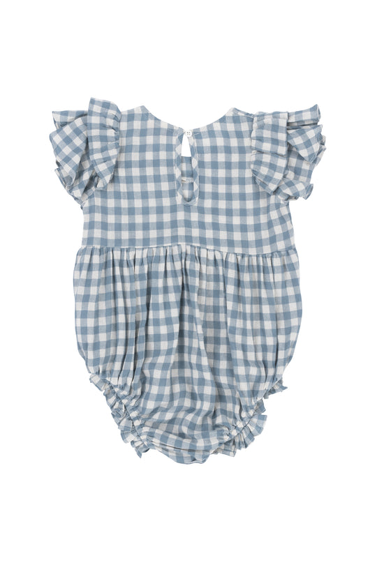 The Baby Hattie Romper in Dusty Teal Gingham by Ivy City Co features ruffled short sleeves, a gathered waist, elastic leg openings, and a back button closure—perfect cotton style for your little one.