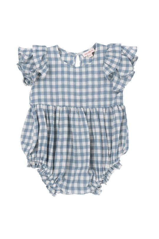The Baby Hattie Romper in Dusty Teal Gingham by Ivy City Co features short ruffled sleeves, a gathered waist, elastic leg openings, a round neckline, and a back button closure—perfect for easy dressing and adorable style.