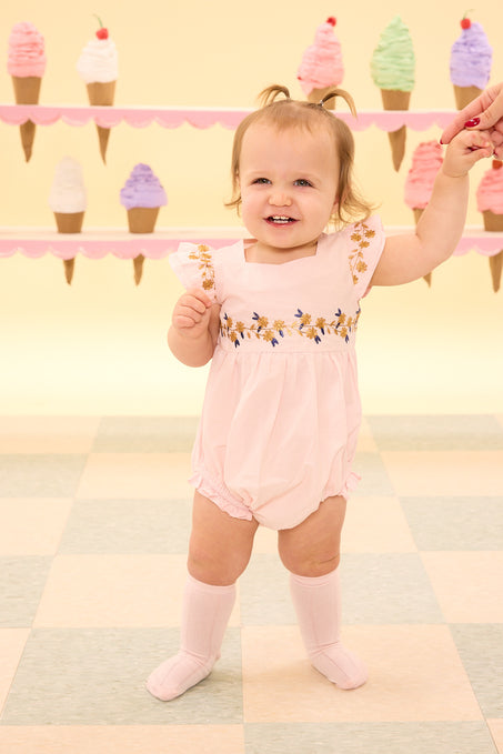 Child in a pink outfit with ice cream cone decorations on a checkered floor.
