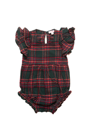 Plaid baby romper with ruffled sleeves on a white background
