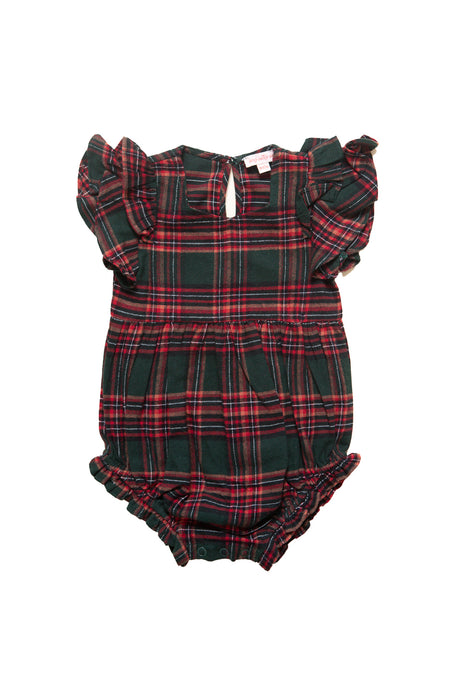 Plaid baby romper with ruffled sleeves on a white background