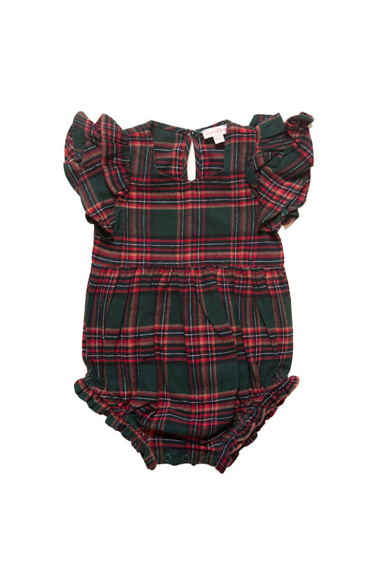 Plaid baby romper with ruffled sleeves on a white background