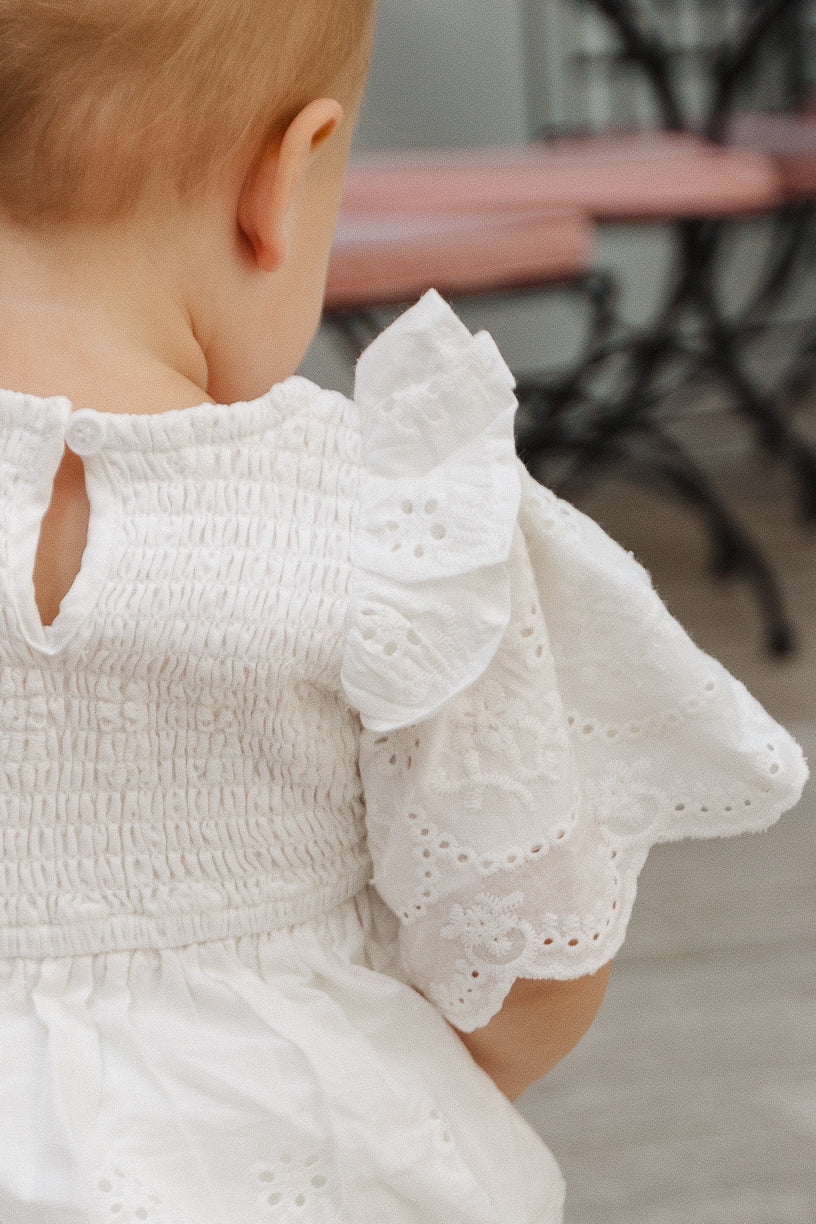 Baby Janie Romper in White Eyelet