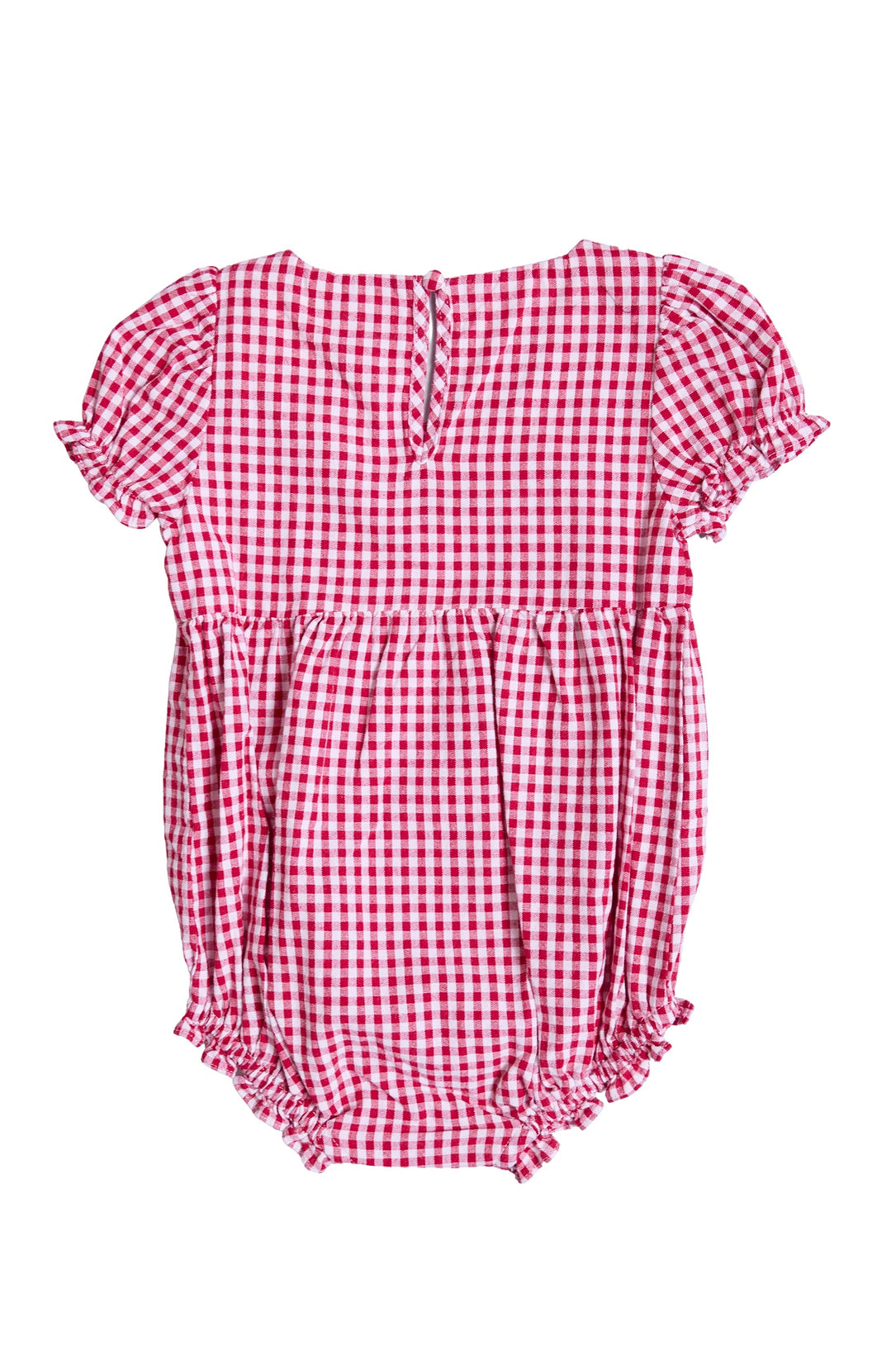 The Baby Jessie Romper in Red Gingham by Ivy City Co features short puff sleeves, ruffled edges, and a gathered waist—ideal for the Fourth of July. Shown flat on a white background.
