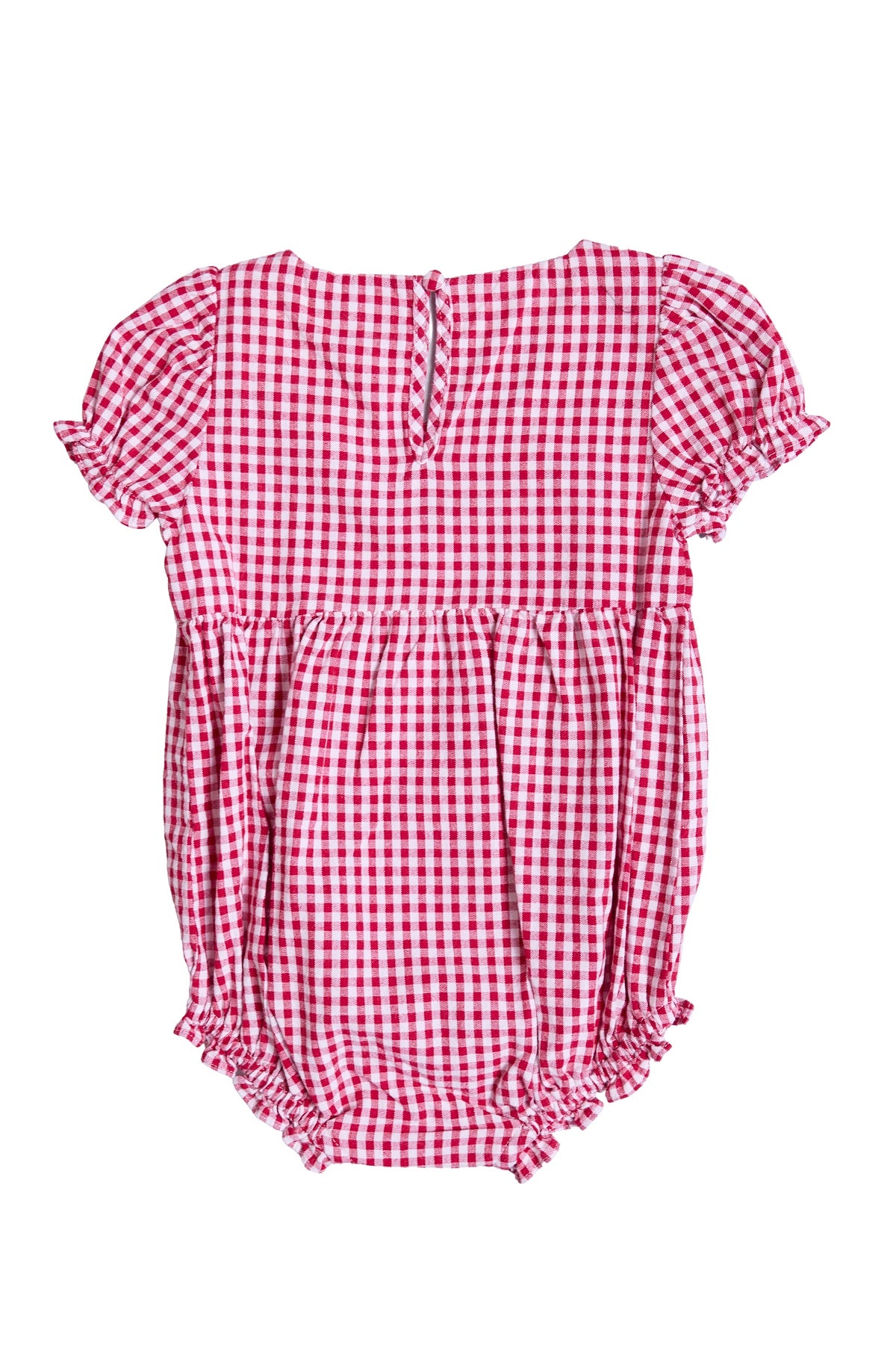 The Baby Jessie Romper in Red Gingham by Ivy City Co features short puff sleeves, ruffled edges, and a gathered waist—ideal for the Fourth of July. Shown flat on a white background.