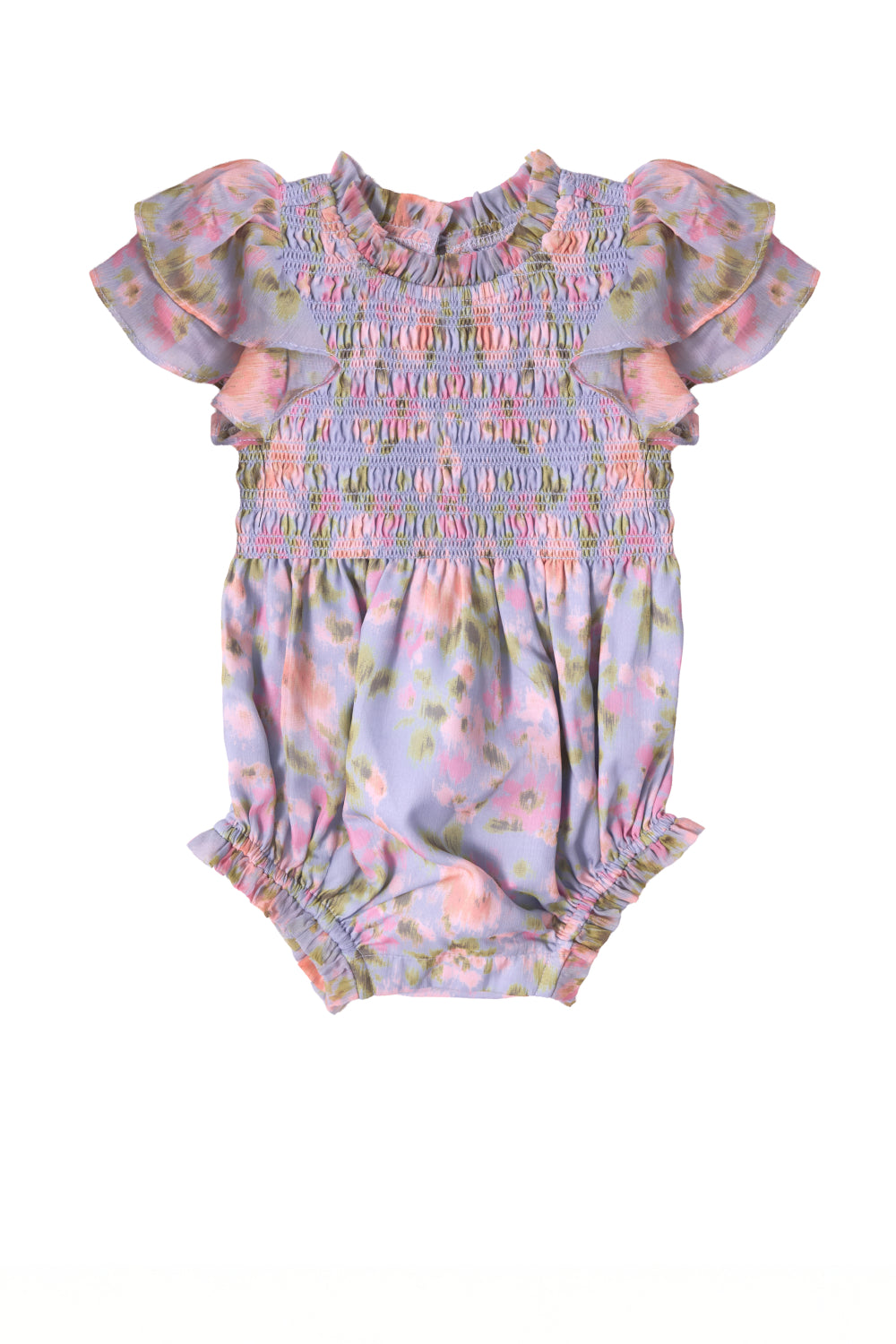 The Baby Lottie Romper in Vibrant English Garden by Ivy City Co features ruffled short sleeves, smocked chest detailing, and a sweet pink, purple, and green floral pattern—perfect for a garden-themed look.