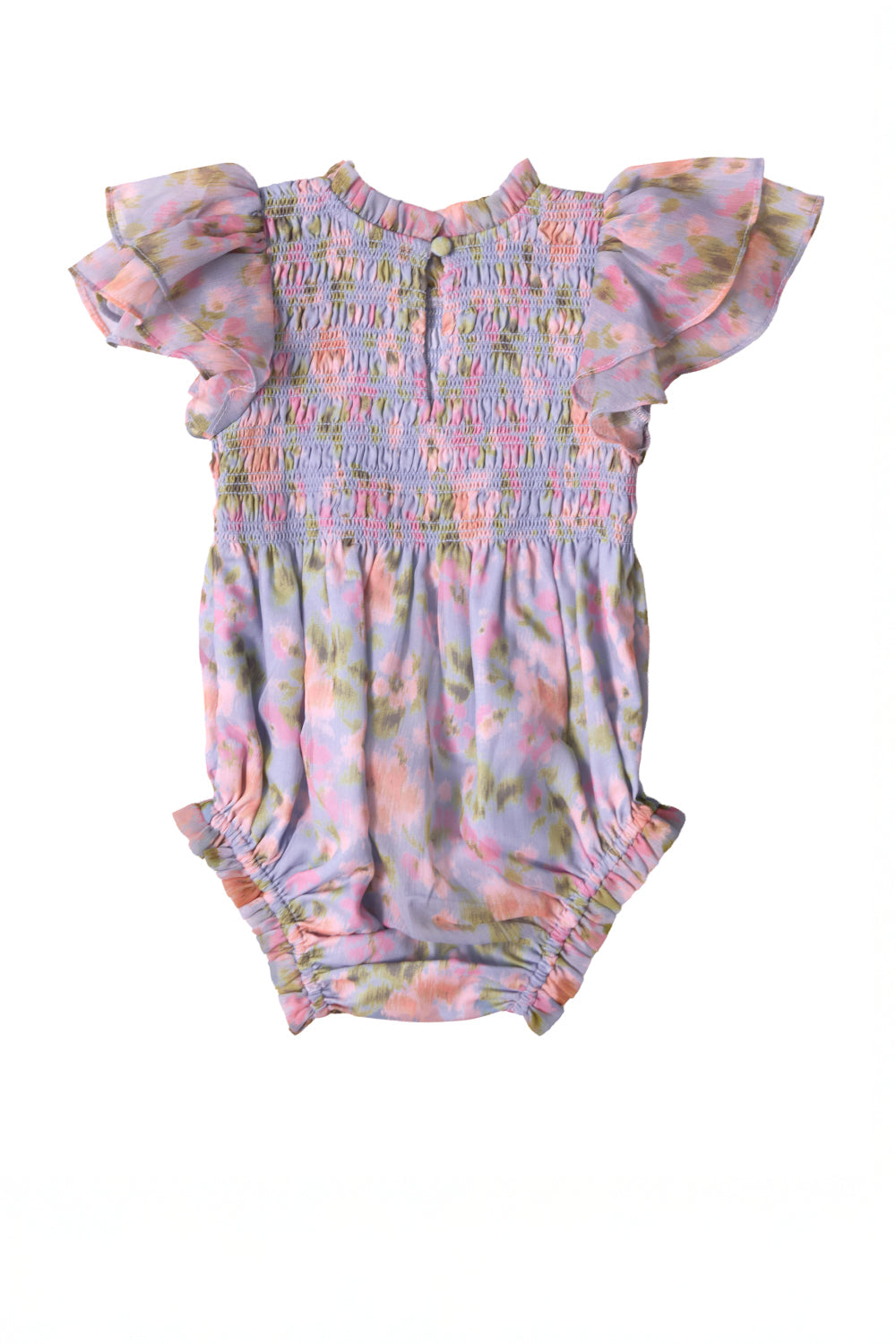 The Baby Lottie Romper in Vibrant English Garden by Ivy City Co features a soft floral pattern in pink, purple, and green tones, with ruffled short sleeves and smocked detailing on the chest for a charming look.