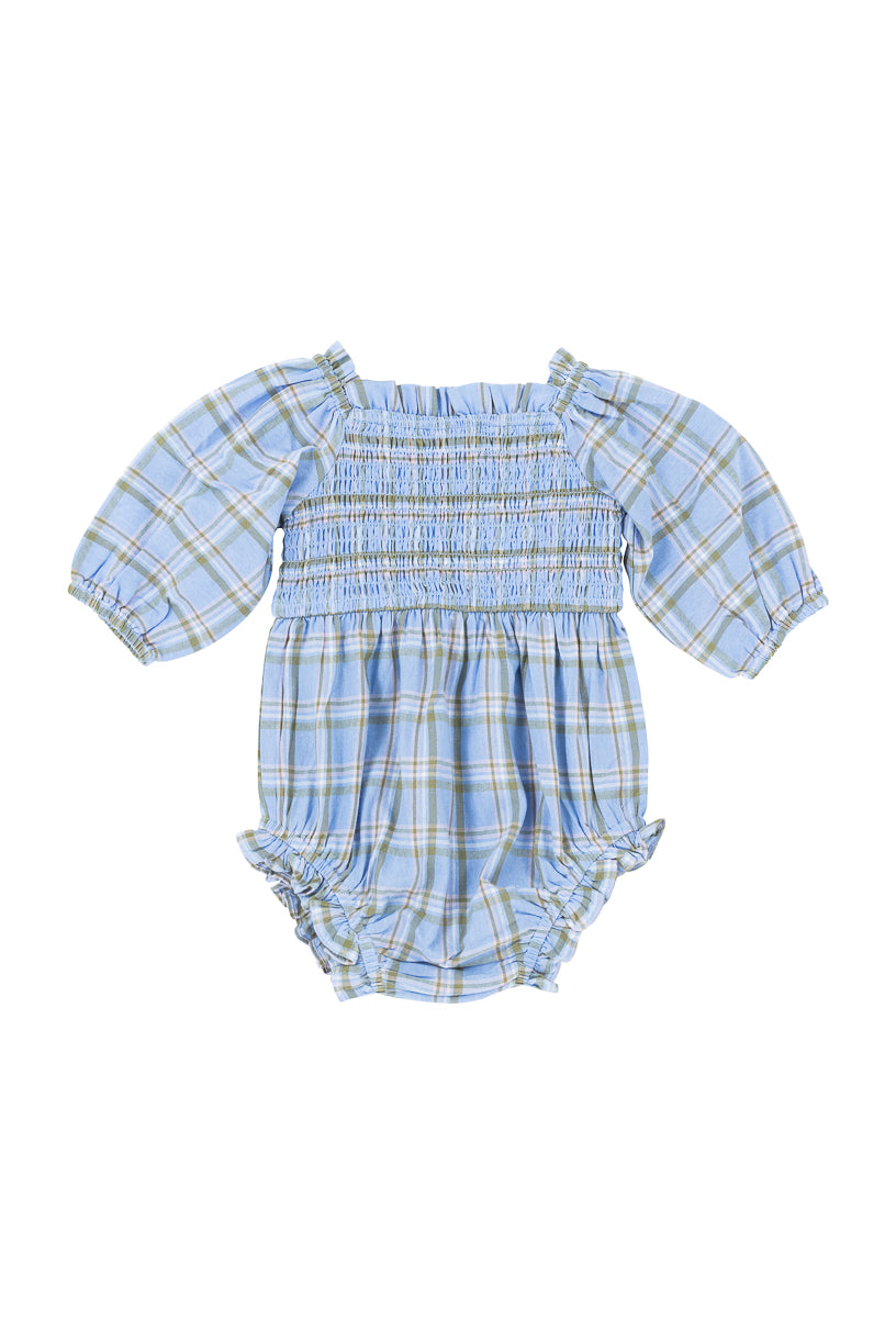 Baby Madeline Romper in Light Blue Plaid