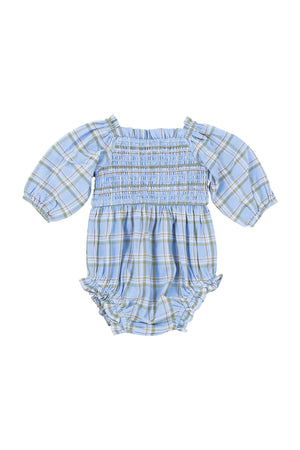 The Ivy City Co Baby Madeline Romper in Light Blue Plaid features long sleeves, a smocked bodice, elastic cuffs, and ruffled leg openings. Made from lightweight fabric for comfy everyday wear.