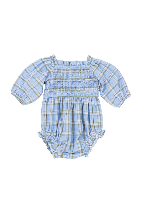 The Ivy City Co Baby Madeline Romper in Light Blue Plaid features long sleeves, a smocked bodice, elastic cuffs, and ruffled leg openings. Made from lightweight fabric for comfy everyday wear.
