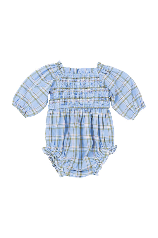 The Ivy City Co Baby Madeline Romper in Light Blue Plaid features long sleeves, a smocked bodice, elastic cuffs, and ruffled leg openings. Made from lightweight fabric for comfy everyday wear.