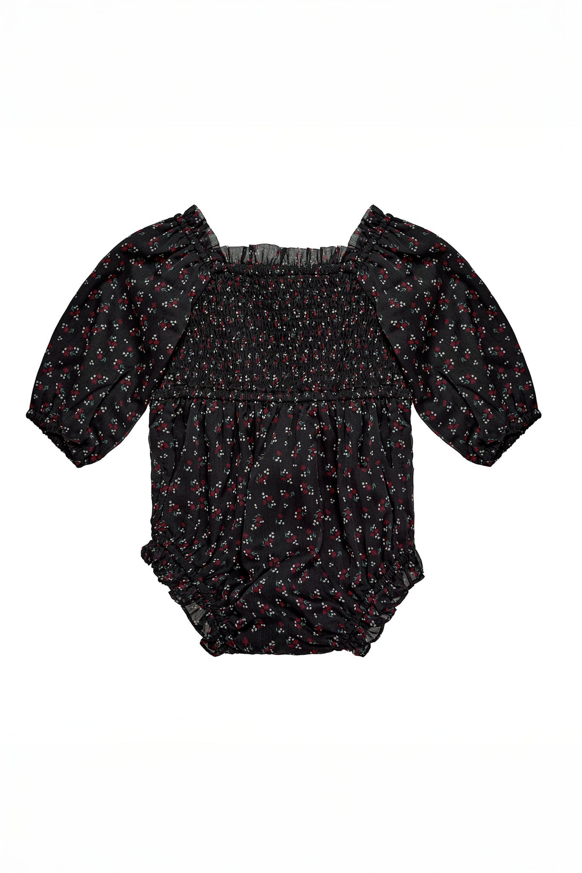 Black baby romper with floral pattern on a white background