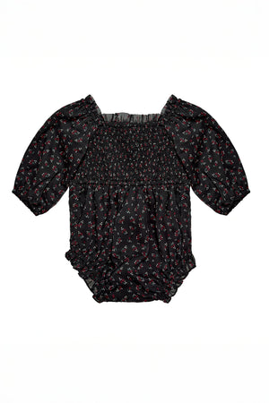 Black baby romper with floral pattern on a white background