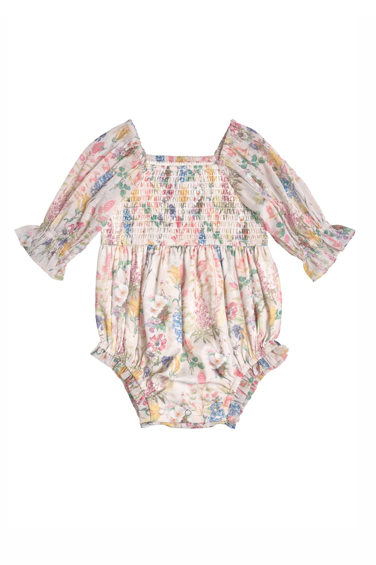 The Ivy City Co Baby Madeline Romper in Cordelia Floral has long, ruffled sleeves and a smocked bodice with pastel floral details—ideal for an adorable mommy-and-me outfit.