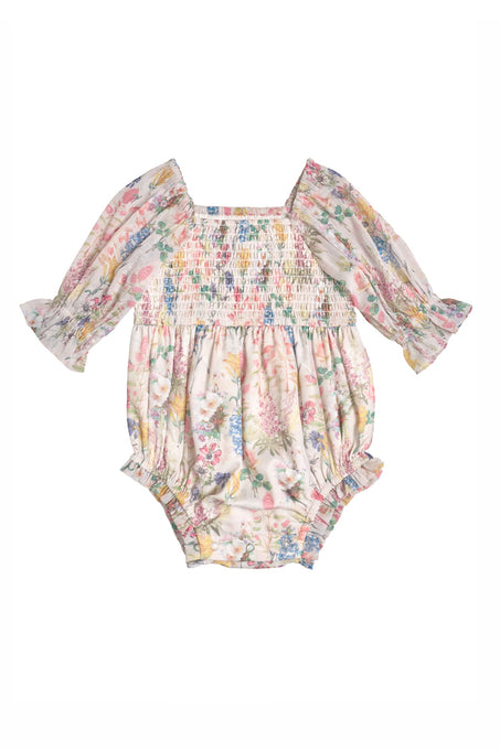 The Ivy City Co Baby Madeline Romper in Cordelia Floral has long, ruffled sleeves and a smocked bodice with pastel floral details—ideal for an adorable mommy-and-me outfit.