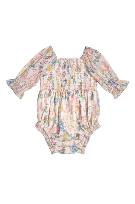 The Baby Madeline Romper in Cordelia Floral by Ivy City Co features a square neckline, smocked bodice, ruffled cuffs, and a pastel pink, yellow, and blue floral print—perfect for sweet mommy-and-me moments.