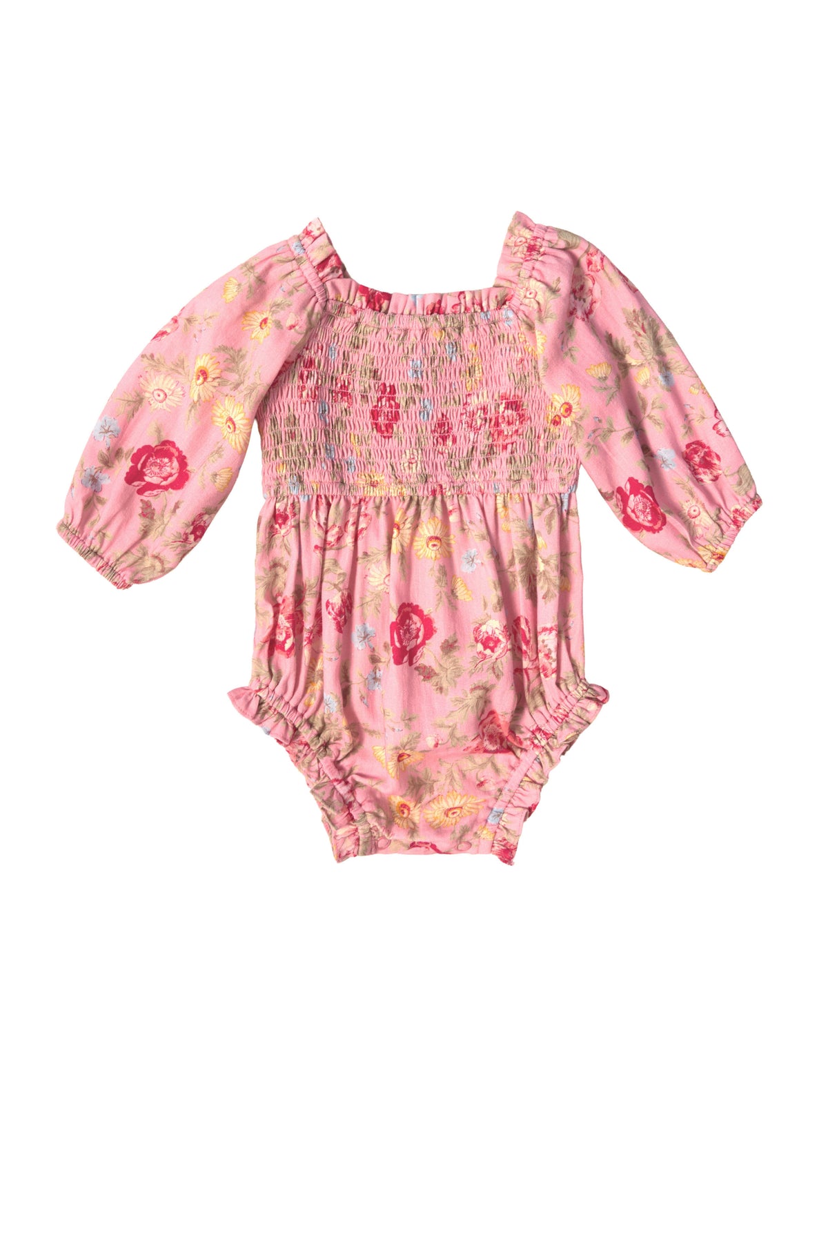 The Ivy City Co Baby Madeline Romper in Pink Vintage Poppies features long puffed sleeves, a smocked bodice, ruffled leg openings, and soft fabric decorated with red, yellow, and white flowers for a sweet look.