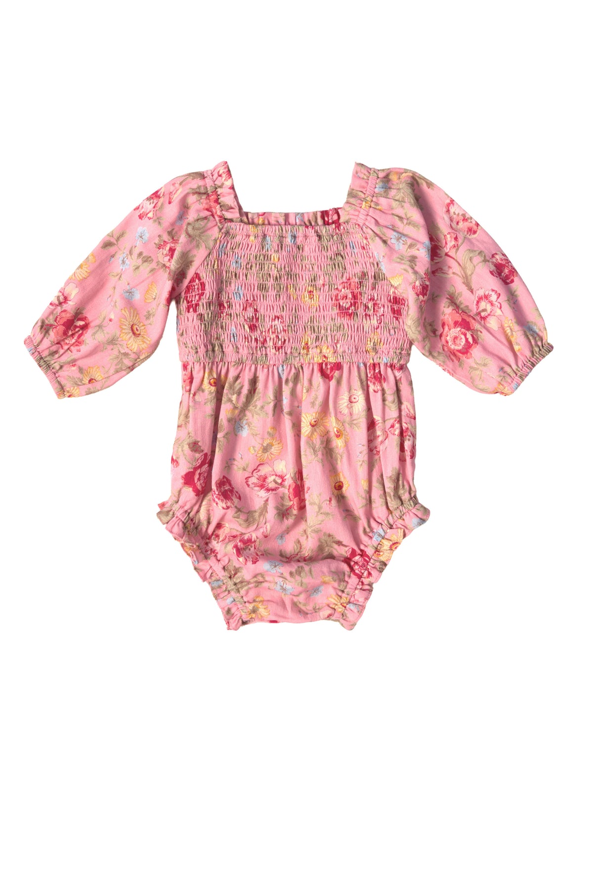 The Ivy City Co Baby Madeline Romper in Pink Vintage Poppies features long sleeves, a square neckline, smocked bodice, elastic wrists and legs, and soft fabric with a colorful floral pattern for a sweet look.
