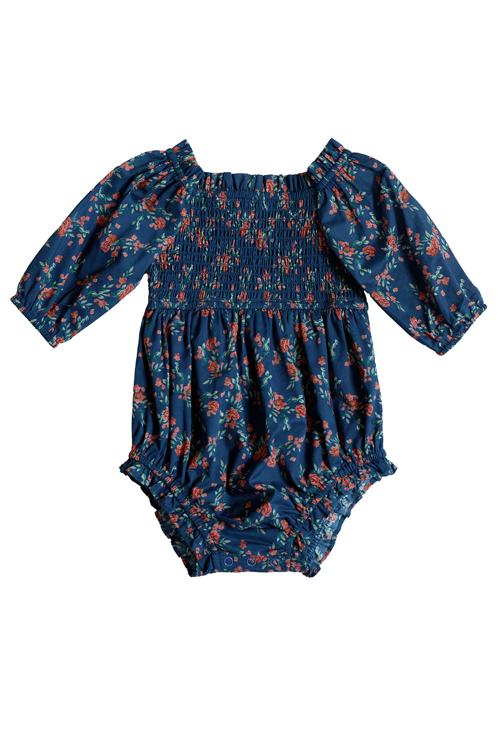The Ivy City Co Baby Madeline Romper in Midnight Vibrant Chintz is a dark blue long-sleeve floral print romper with a smocked bodice plus elasticized cuffs and leg openings.