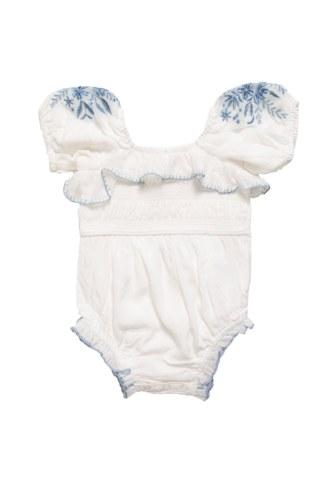 Baby Mae Romper in White with Blue Floral