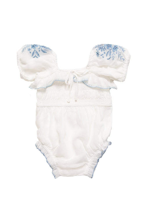 Baby Mae Romper in White with Blue Floral