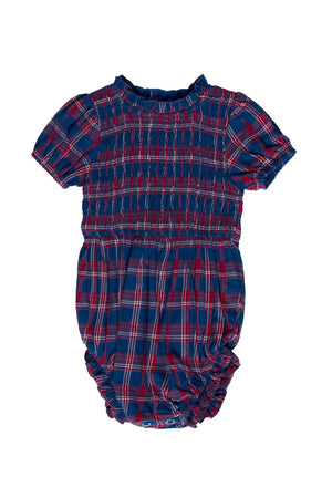 Red and blue plaid baby romper on a white background