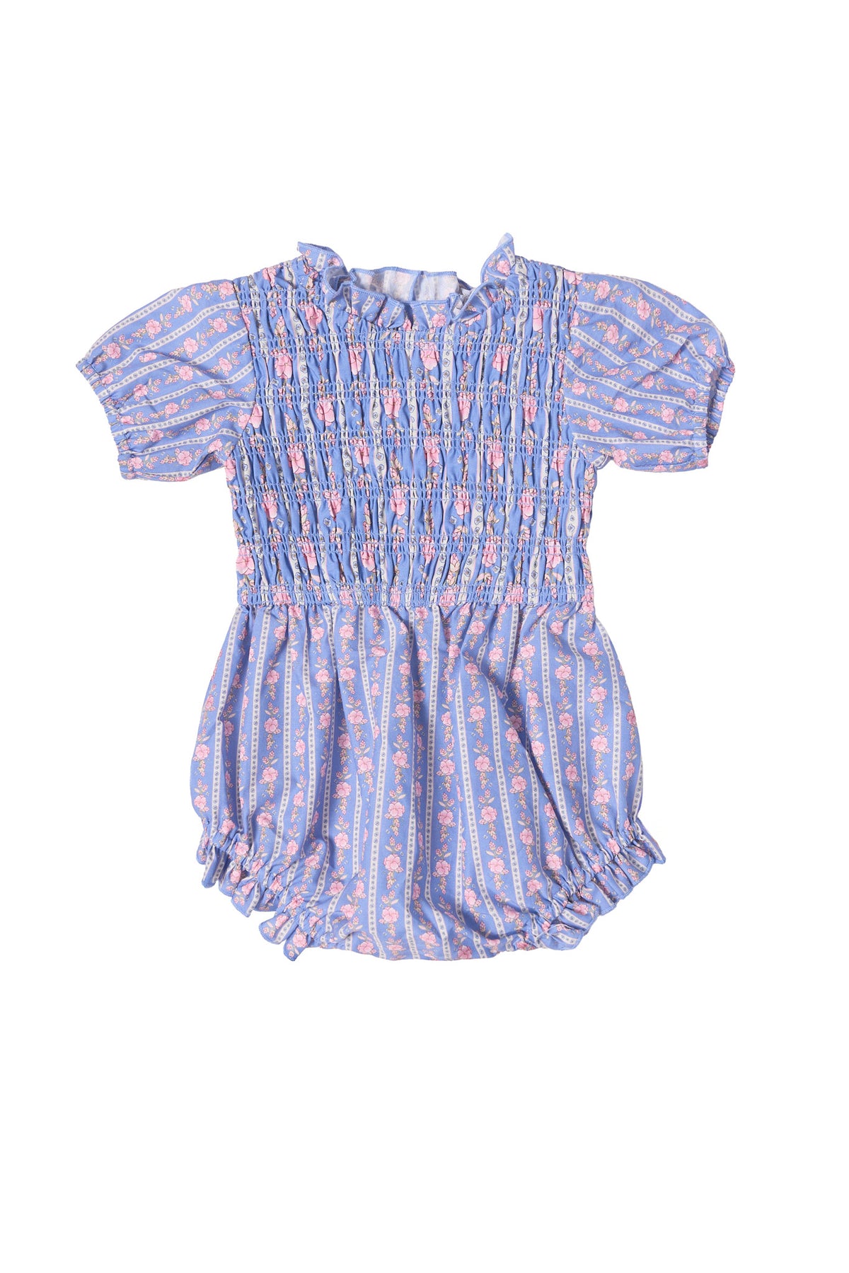 The Ivy City Co Baby Mariah Romper in Linear Print has short sleeves, a ruffled neckline, gathered elastic at the waist and legs, and features light blue stripes with pink floral details.