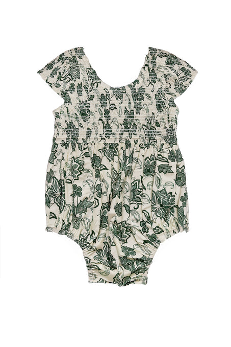 Floral-patterned baby romper on a white background