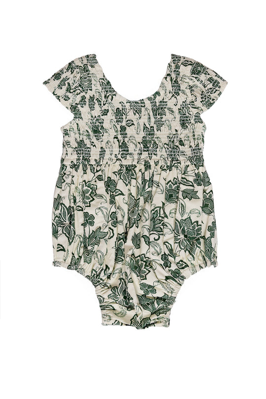 Floral-patterned baby romper on a white background