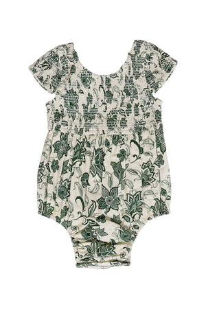 Floral-patterned baby romper on a white background