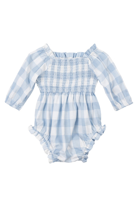 The Ivy City Co Baby Mia Gingham Romper in Blue is a light blue and white cotton baby romper with long sleeves, elasticized shoulders, a smocked bodice, and comfy elastic leg openings.