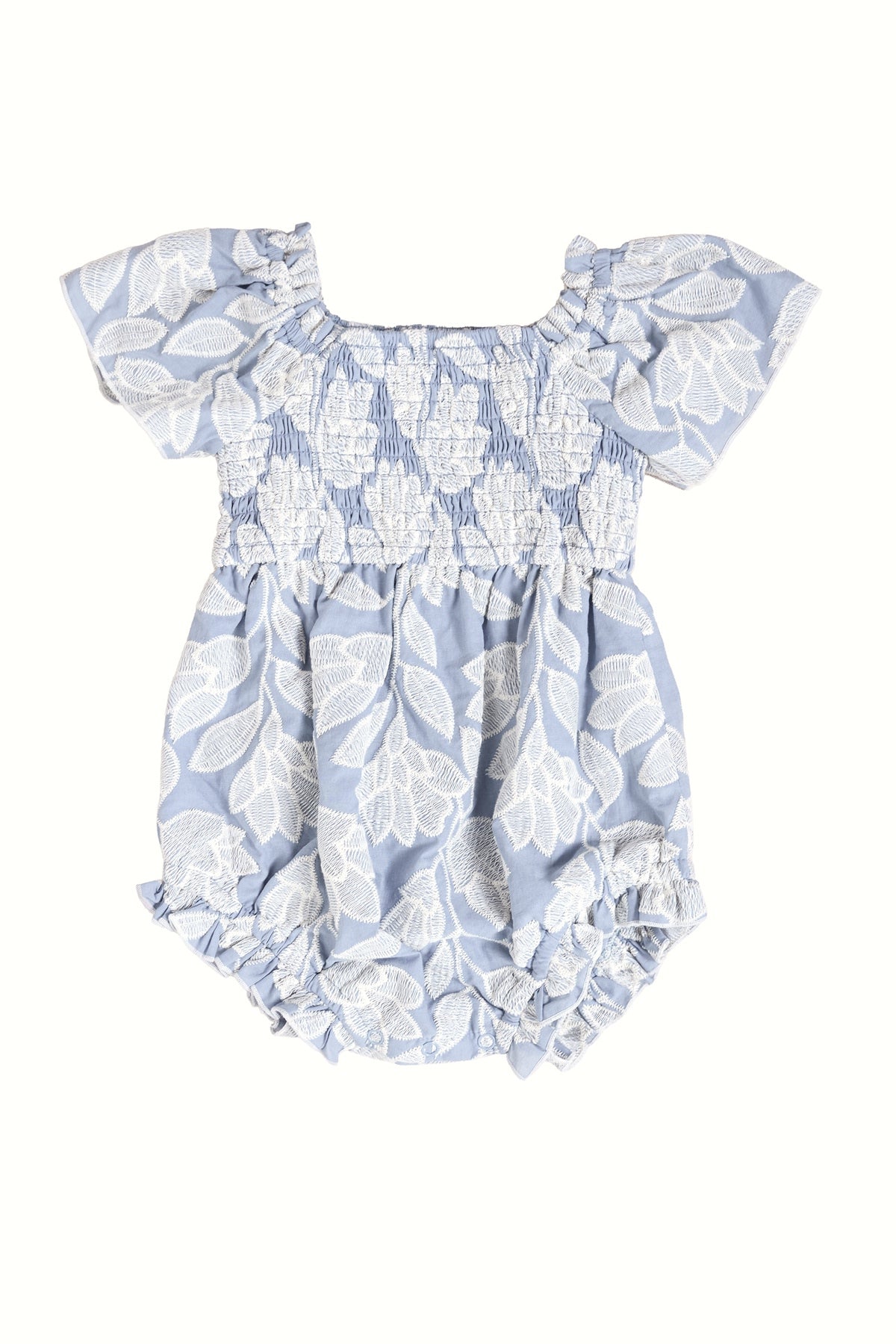 The Baby Ophelia Romper in Mosaic Embroidery by Ivy City Co features light blue fabric, short ruffled sleeves, a smocked bodice, and elastic leg openings—perfect for infants and Mom and Me matching looks.