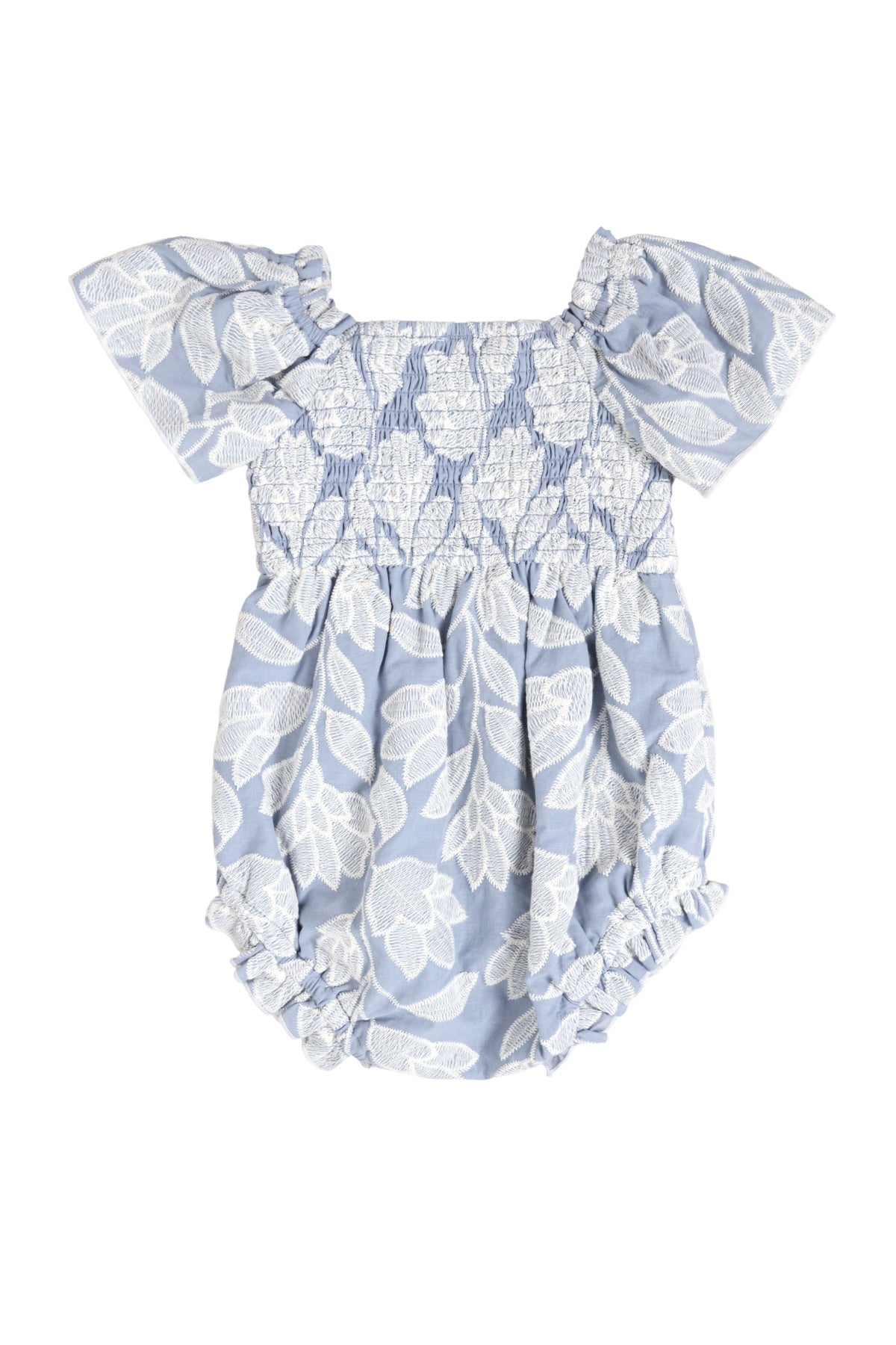 The Ivy City Co Baby Ophelia Romper in Mosaic Embroidery features light blue fabric, white floral patterns, short ruffled sleeves, a smocked bodice, and mosaic embroidery. Pair with Mom and Me matching styles for a coordinated look.
