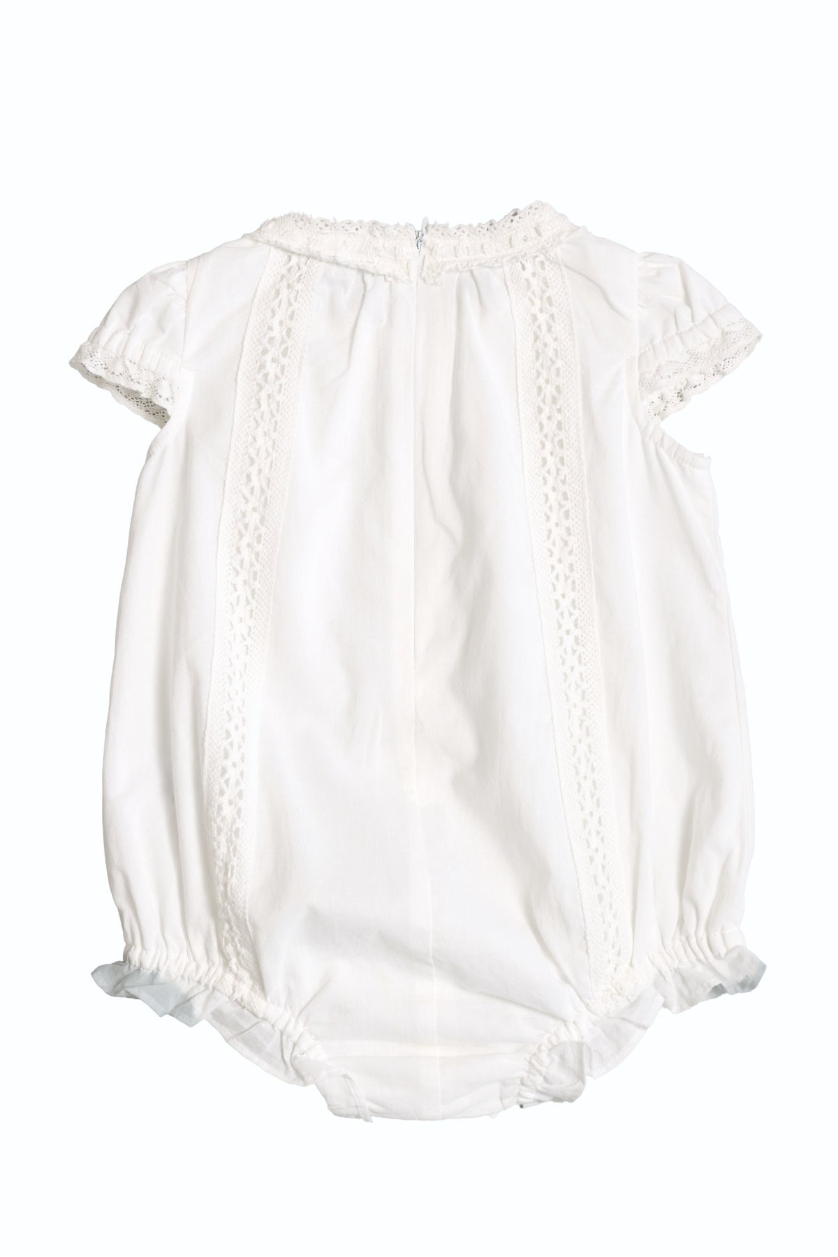 The Ivy City Co Baby Palermo Romper in White features short puffed sleeves, lace trim, and elastic leg openings—perfect for Mom and Me matching outfits. Shown on a plain white background.