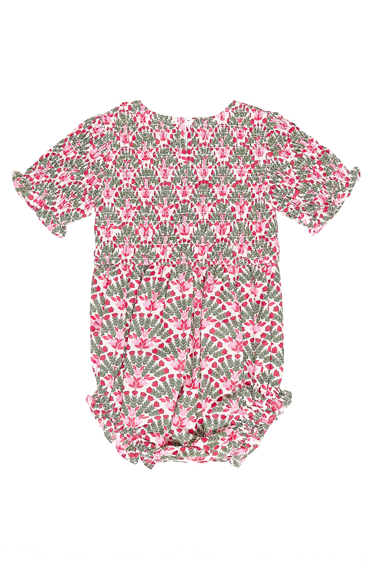 Floral patterned baby romper on a white background
