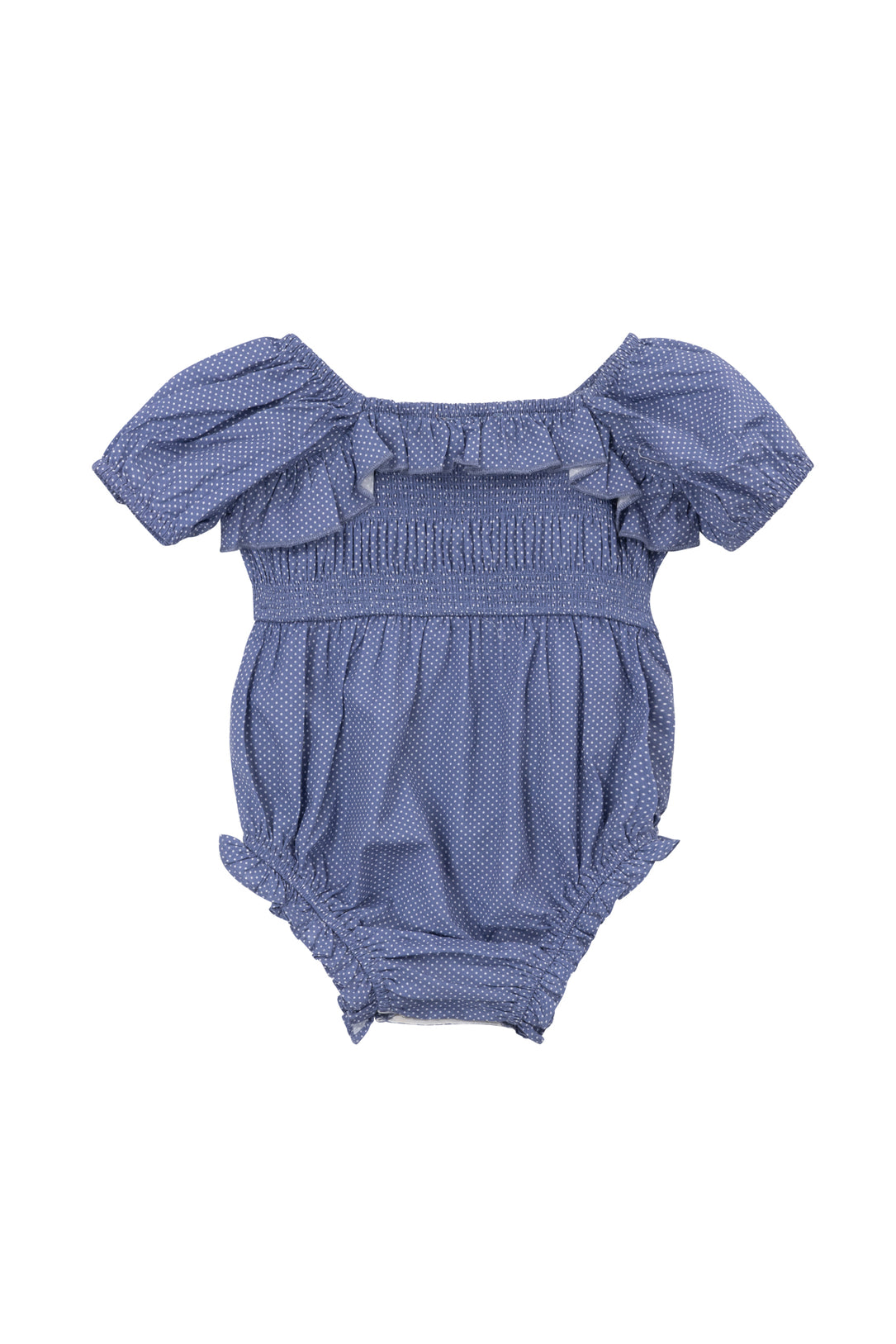 The Ivy City Co Baby Rae Romper in Blue Polka Dot features short puff sleeves, a ruffled neckline, smocked bodice, bow accents, elasticized openings, and a charming subtle polka dot pattern.