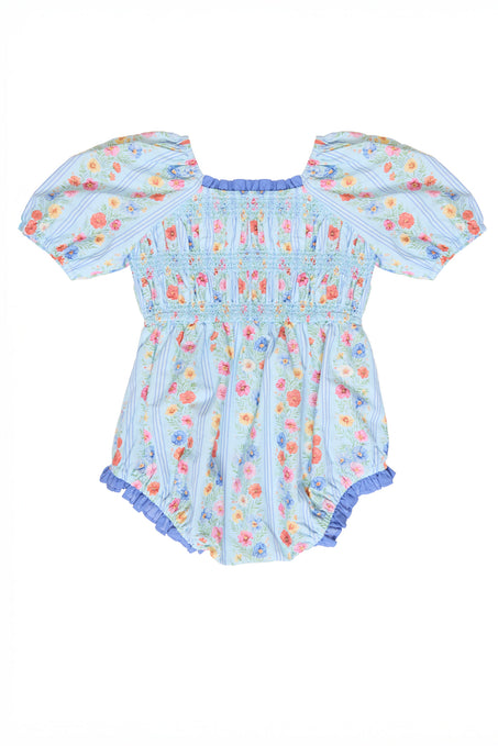 the back of a blue floral baby romper against a white background