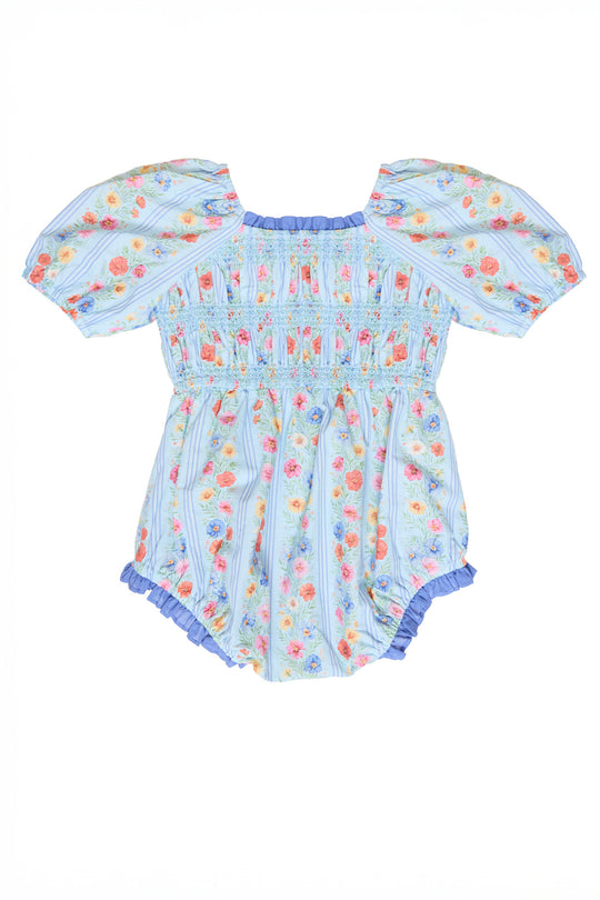 the back of a blue floral baby romper against a white background