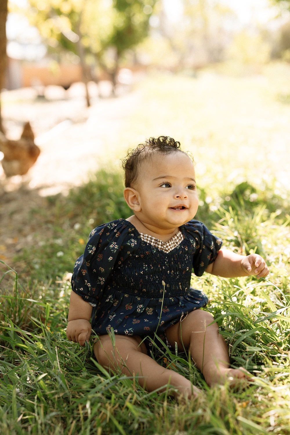 A smiling baby sits on green grass in a sunlit outdoor setting, wearing the Ivy City Co Baby Roselyn Romper in Midnight Lovelorn Ditsy, which features a smocked bodice. Trees and a chicken are visible in the blurred background.