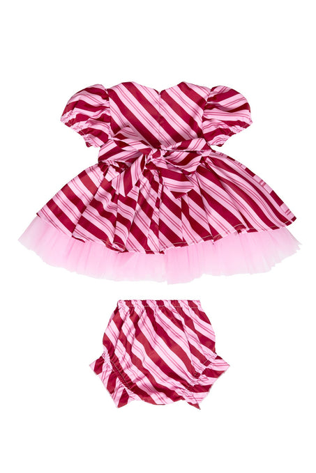 Pink and red striped baby dress with matching bloomers on a white background