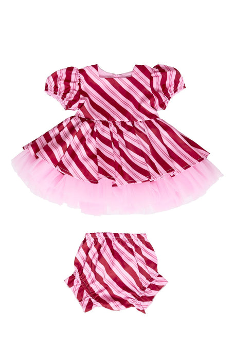 Pink and red striped dress with matching bloomers on a white background