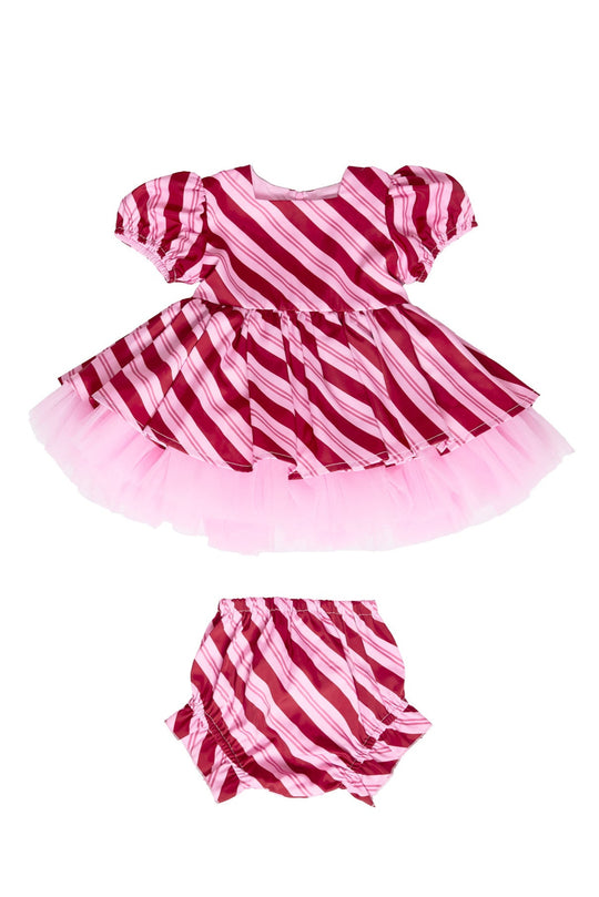 Pink and red striped dress with matching bloomers on a white background