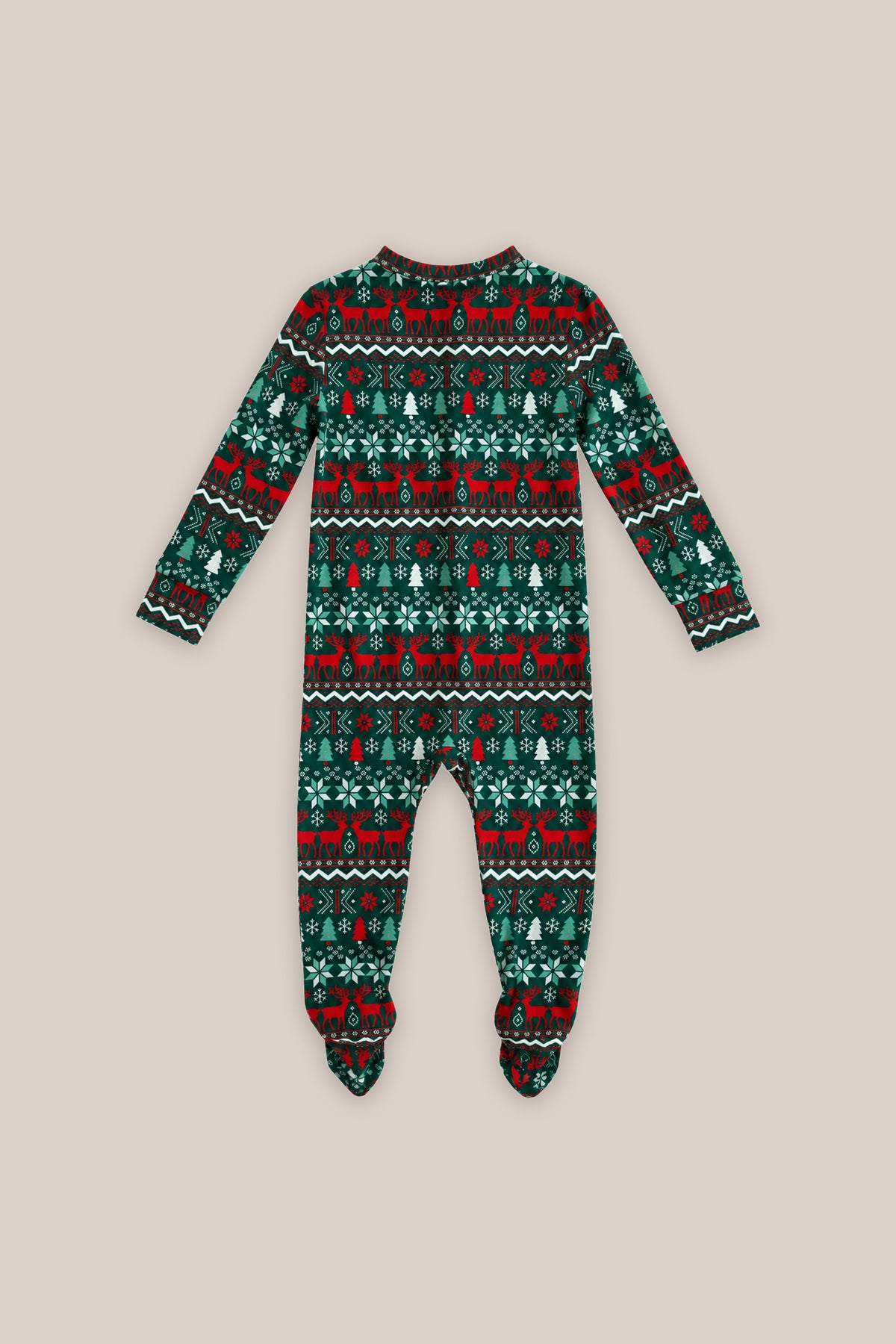 The Ivy City Co Baby So Soft Onesie in Alpine Noel features long sleeves, covered feet, and a festive red, black, and green reindeer and snowflake pattern on soft cotton-modal knit.
