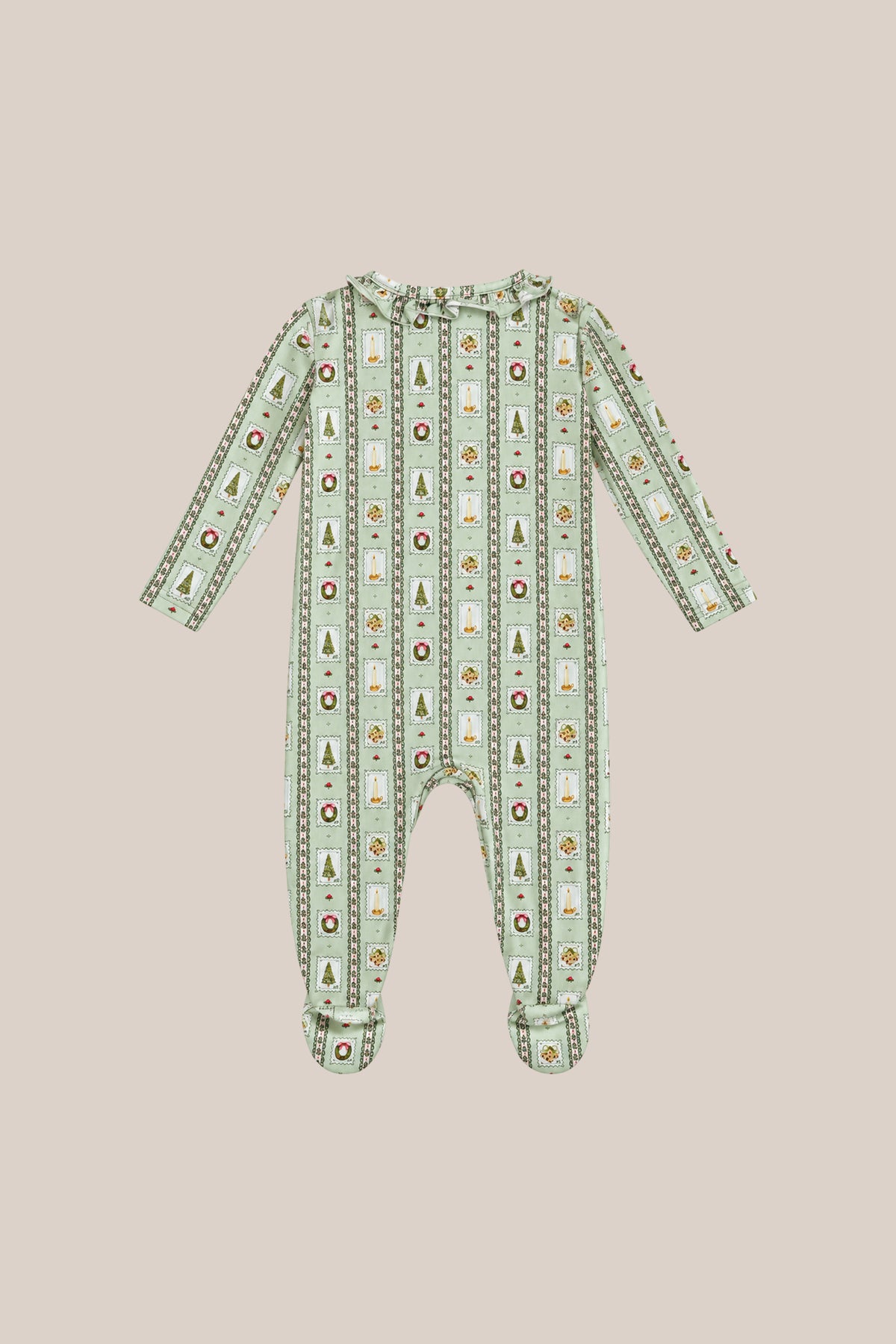 The Baby So Soft Onesie in Merry Mail Linear by Ivy City Co features green and white stripes with festive icons in a cozy cotton-modal knit—perfect for matching family PJs on holiday nights.