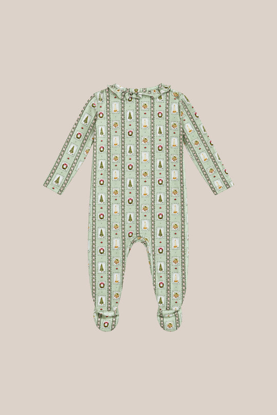 The Baby So Soft Onesie in Merry Mail Linear by Ivy City Co features green and white stripes with festive icons in a cozy cotton-modal knit—perfect for matching family PJs on holiday nights.